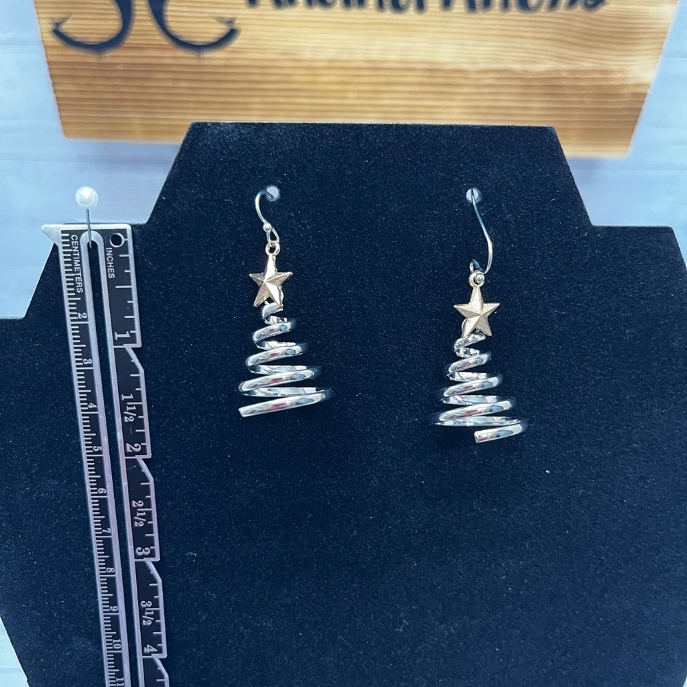 Silver Tone Christmas Tree Spiral Gold Star Earrings - Picture 2 of 2